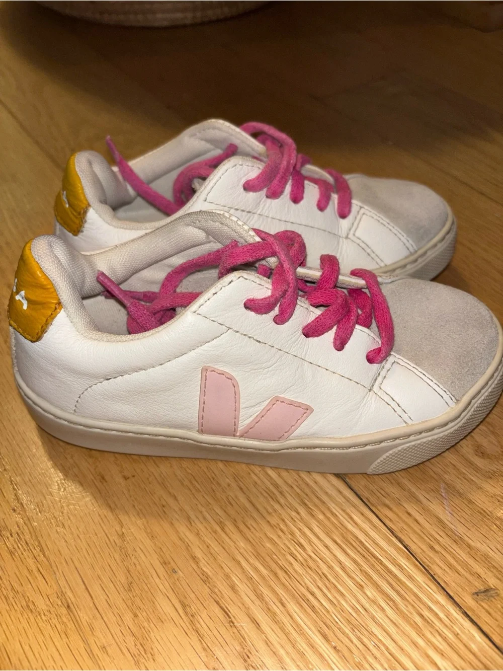 Veja Kids White Sneakers with Pink Accents and Yellow Heel Tab
